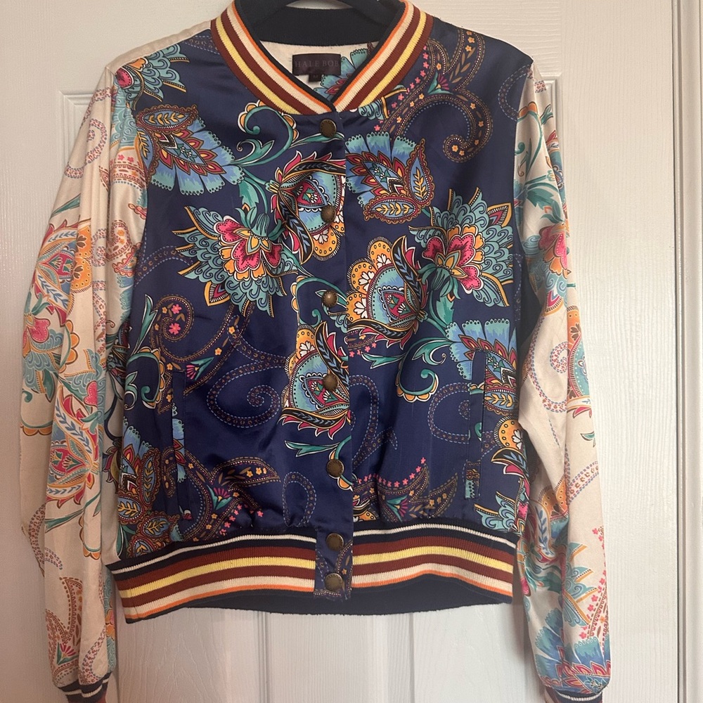 Hale Bob Blue and Cream Bomber Jacket with Floral Print